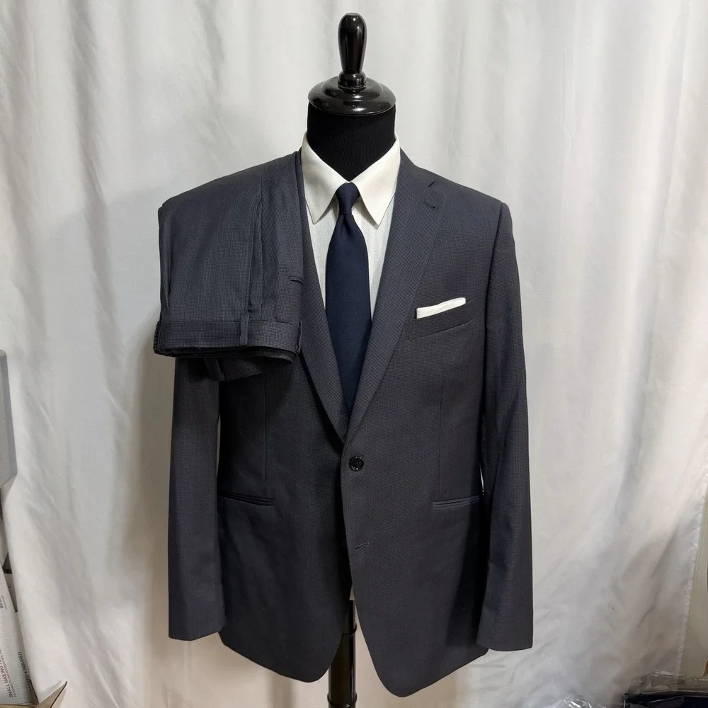 Indochino Suit Mens 44L Pants 36x29 100% Wool Career Houndstooth Blue Brown